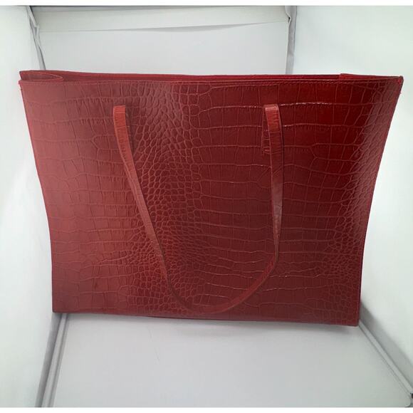 NWOT VTG‎ Red Leather Exotic Croc Embossed Shoulder Tote Purse Laptop Bag Italy - Picture 2 of 8
